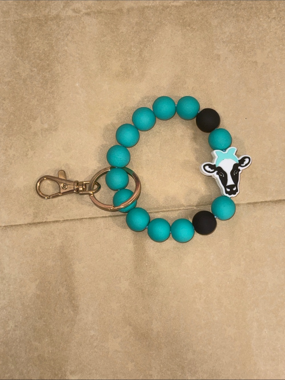 Teal Beaded Keychain Wristlet with Cow Charm